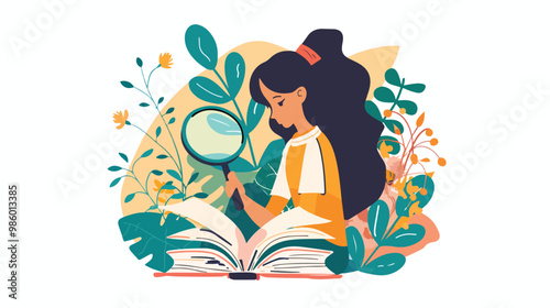 Young Girl Reading an Intriguing Book with Magnifying Glass