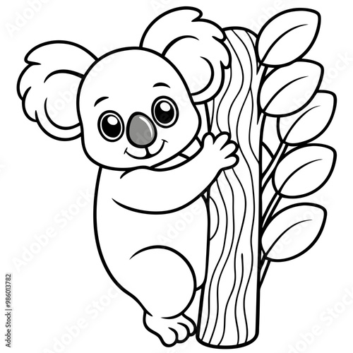 Playful Koala Clinging to a Tree Cute, Rounded Line Art Vector