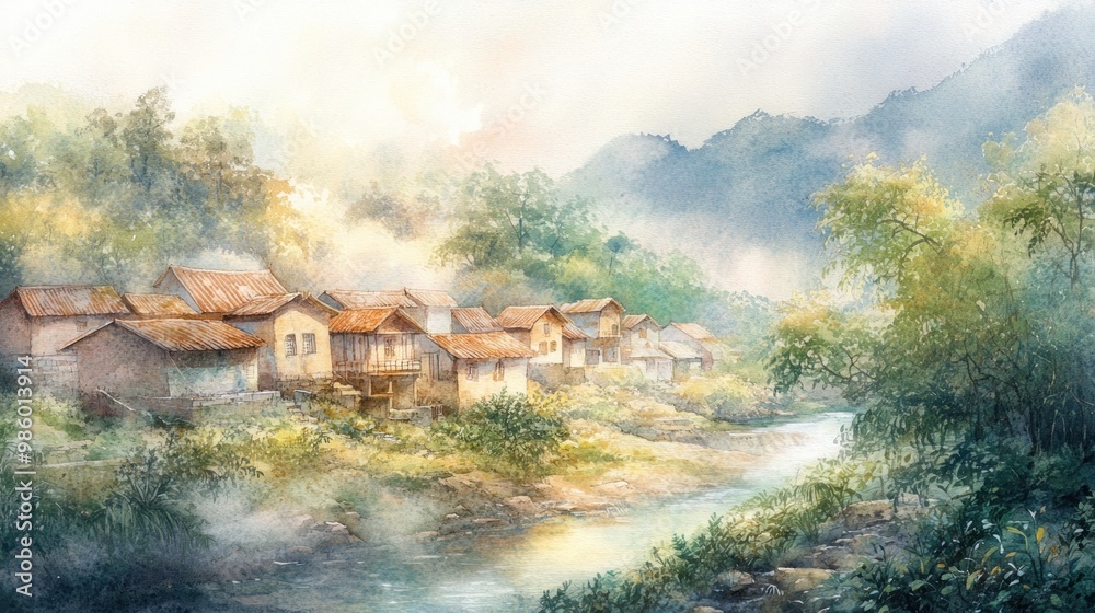 Fototapeta premium A serene watercolor landscape depicting a village by a river, surrounded by mountains and trees.
