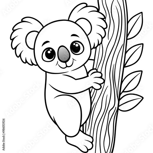 Playful Koala Clinging to a Tree Cute, Rounded Line Art Vector