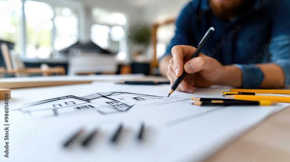 A designer's hand is pictured drawing a house blueprint with a pencil on white paper, surrounded by various pencils. The background highlights an office environment with natural light. A designer's hand is pictured drawing a house blueprint with a pencil on white paper, surrounded by various pencils. The background highlights an office environment with natural light.