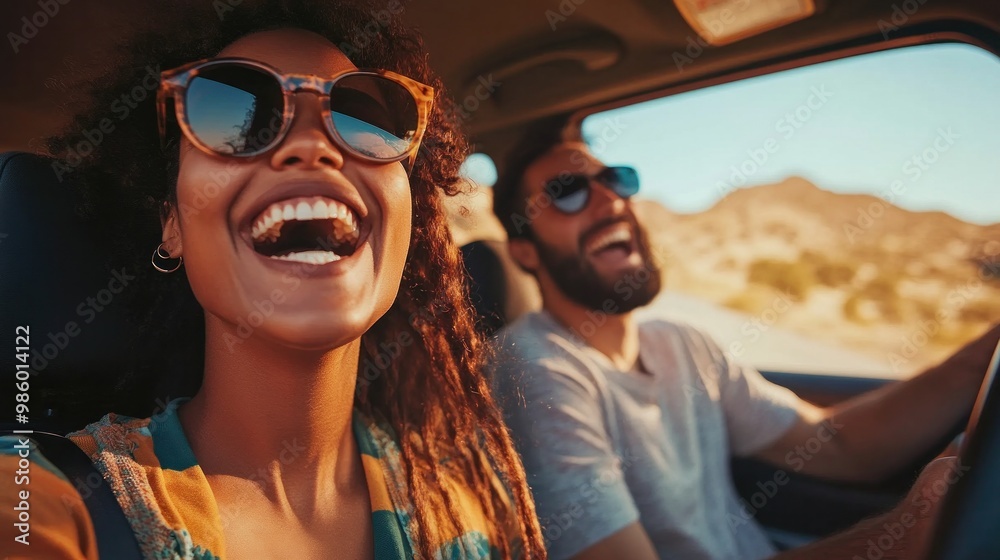A group of friends laughing and singing in the car as they drive through scenic landscapes, A group of friends laughing and singing in the car as they drive through scenic landscapes,