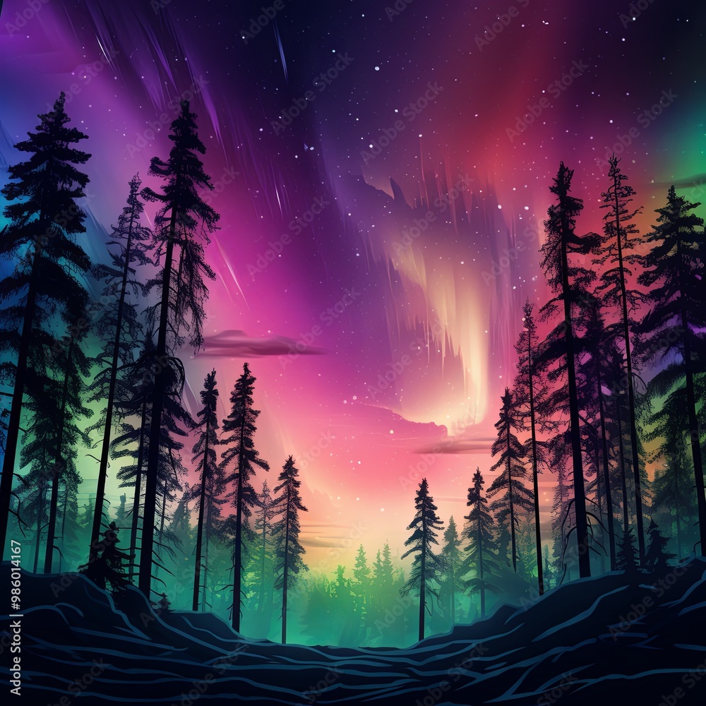 Nothern lights with a silhouette of pine trees in the foreground.