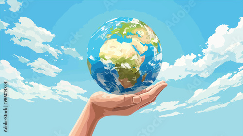 Global Environmental Protection Concept with Globe in Hand Against Blue Sky