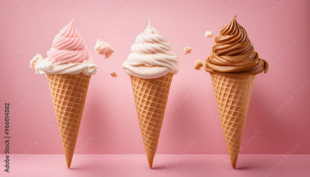 Set of delicious soft ice cream on waffle cones against pink background. Taste explosion Set of delicious soft ice cream on waffle cones against pink background. Taste explosion