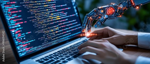 Obraz na płótnie AI Robot Hand Interacting with Computer Code while coding w salonie