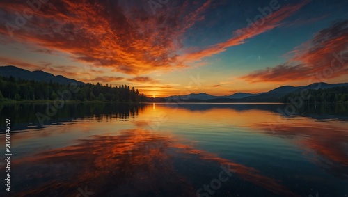 Person watching a vibrant sunset over a lake, surrounded by cosmic scenery.