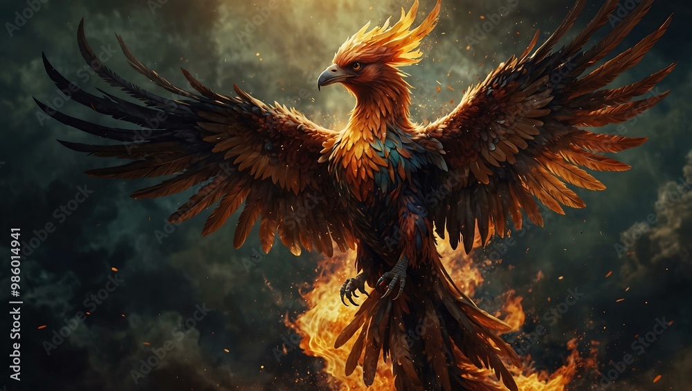 Phoenix rising from ashes, symbolizing renewal and transformation. Phoenix rising from ashes, symbolizing renewal and transformation.