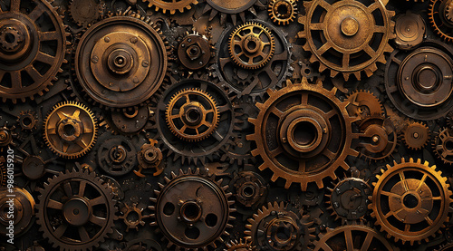 A vintage clockwork mechanism featuring intricate metal gears and cogs in a close-up view, highlighting the beauty of industrial engineering and technology.