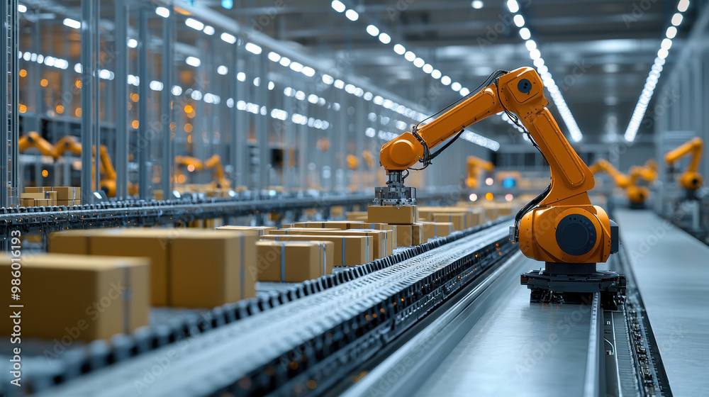 innovation in logistics, Advanced automated warehouse with robotic arms efficiently sorting packages, demonstrating innovation in logistics and productivity optimization innovation in logistics, Advanced automated warehouse with robotic arms efficiently sorting packages, demonstrating innovation in logistics and productivity optimization