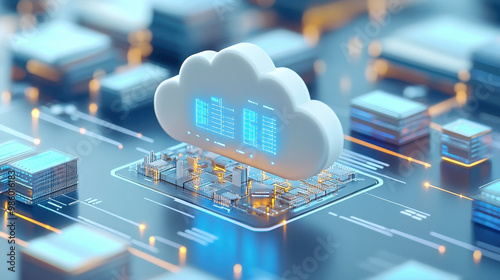 Cloud Technology, 3D illustration of cloud migration, file integration, and fast data transfer