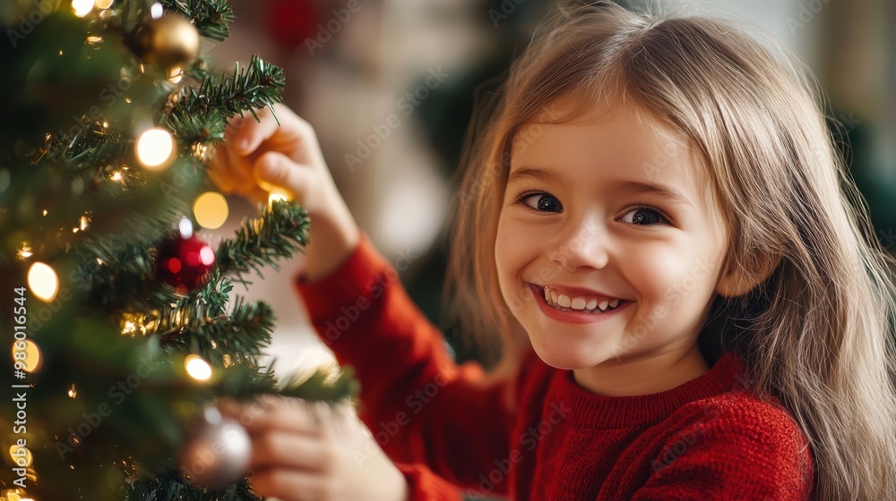 A happy young girl adds ornaments to a beautifully lit Christmas tree, sharing joy and warmth during the festive holiday season with her cheerful smile. A happy young girl adds ornaments to a beautifully lit Christmas tree, sharing joy and warmth during the festive holiday season with her cheerful smile.