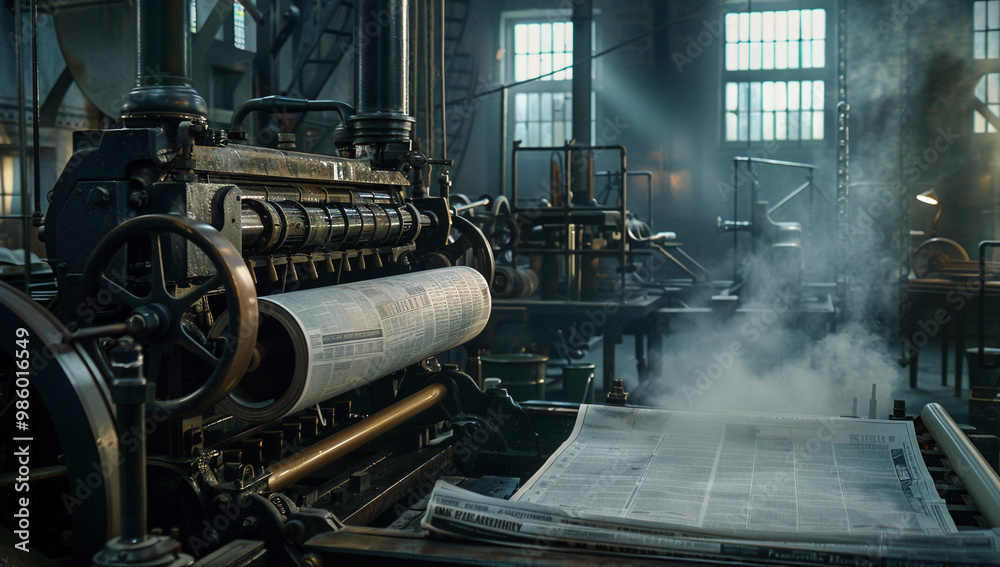 A steam-powered printing press producing a daily newspaper A steam-powered printing press producing a daily newspaper