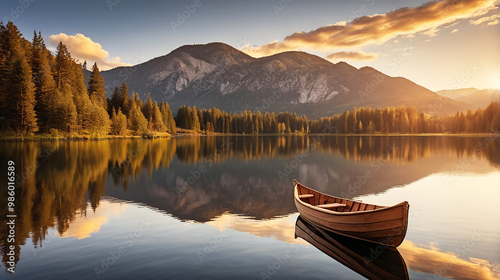 A rustic rowboat drifts on a calm lake, oars still, as the sun sets behind towering mountains A rustic rowboat drifts on a calm lake, oars still, as the sun sets behind towering mountains