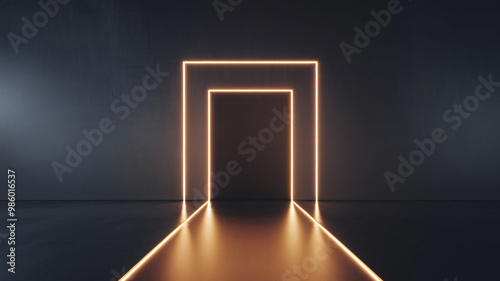 A glowing orange neon rectangular doorway in a dark