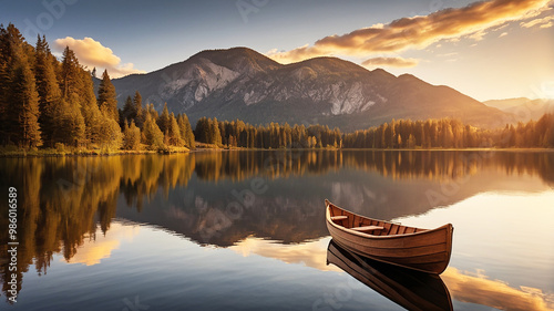 A rustic rowboat drifts on a calm lake, oars still, as the sun sets behind towering mountains photo