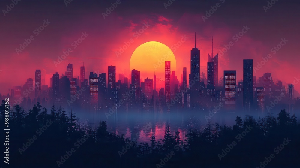 minimalist vector illustration of a cityscape at sunrise clean lines and geometric shapes create a stylized skyline warm gradient colors in the sky