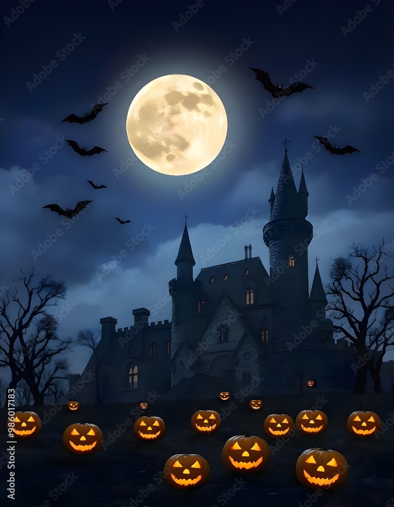A Haunted Castle on a Spooky Halloween Night with Moon