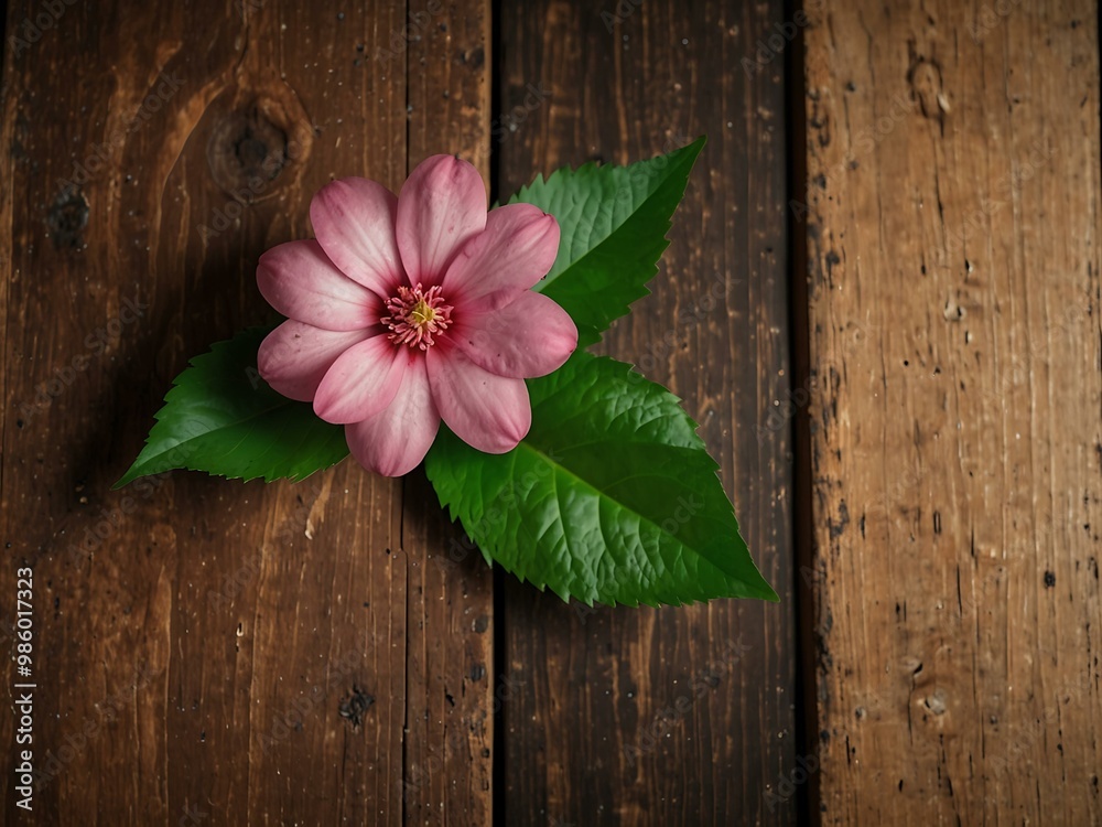 Pink flower on a wooden table with a green leaf nearby. Pink flower on a wooden table with a green leaf nearby.