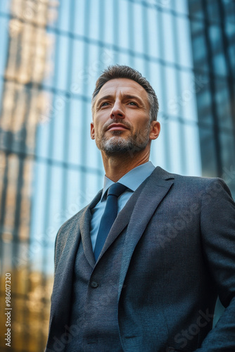 Confident Businessman, A successful businessman stands confidently outside a modern building, portraying professionalism and success Ideal for business-related imagery