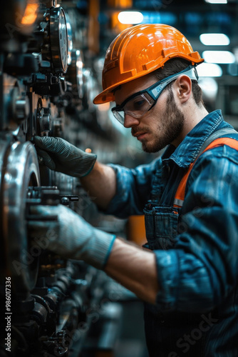 industrial equipment maintenance, A technician performing industrial equipment maintenance on a large machine in a well-lit factory setting, using tools and safety gear