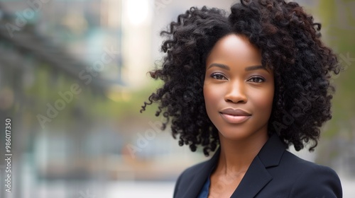 professional black businesswoman standing outside office building with curly hair and city background