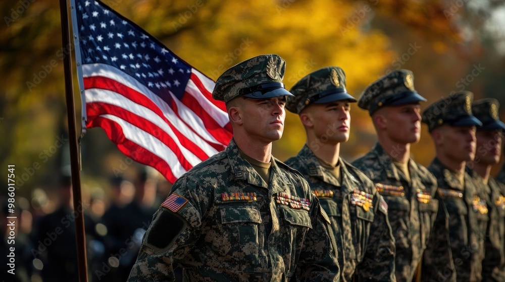 American flag flying alongside soldiers in full uniform, marching in unison,