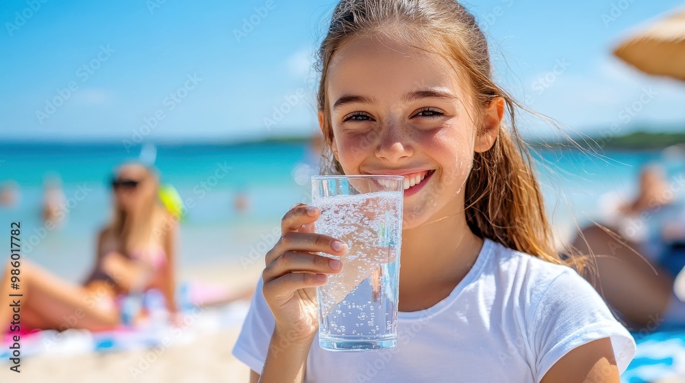 A young girl with a joyful smile drinks fresh water at a sunny beach, embodying pure happiness and the refreshing essence of summer days, full of life and fun. A young girl with a joyful smile drinks fresh water at a sunny beach, embodying pure happiness and the refreshing essence of summer days, full of life and fun.