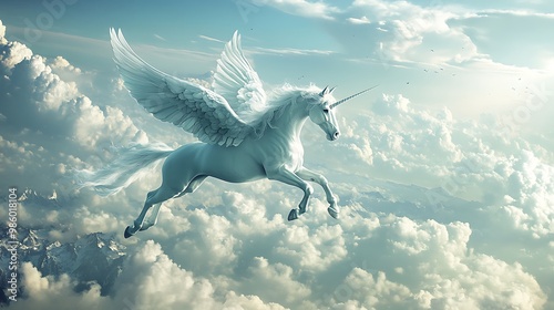 A majestic white unicorn with wings soars through the clouds, its horn gleaming in the sunlight. photo