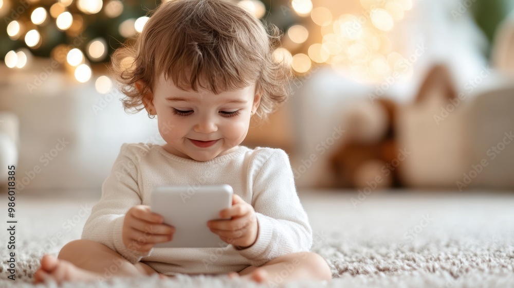 Seated on a rug, a content toddler in a white outfit explores their smartphone, embraced by a softly lit room adorned with warm festive decorations around them. Seated on a rug, a content toddler in a white outfit explores their smartphone, embraced by a softly lit room adorned with warm festive decorations around them.