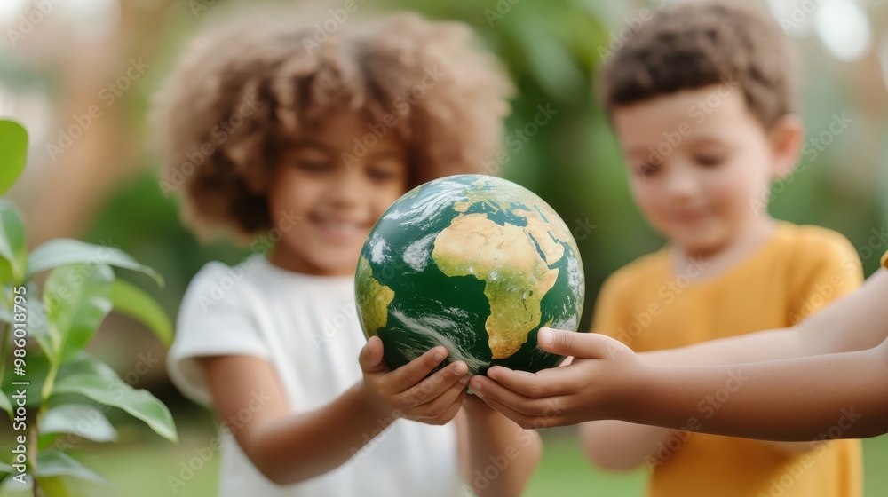 In a serene outdoor scene, kids smile while sharing a globe, fostering teamwork and environmental consciousness amidst lush greenery and sunshine. In a serene outdoor scene, kids smile while sharing a globe, fostering teamwork and environmental consciousness amidst lush greenery and sunshine.