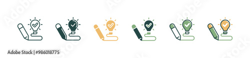 business solution idea icon set pencil creative writing innovation with light bulb checkmark vector signs illustration