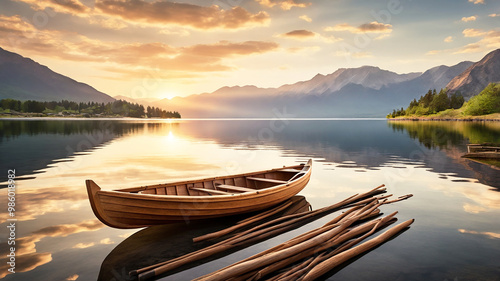 A rustic rowboat drifts on a calm lake, oars still, as the sun sets behind towering mountains photo