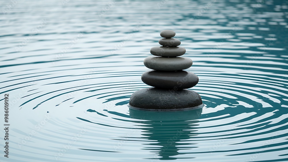 A stack of gray stones balanced on top of each other in a pool of water with ripples.