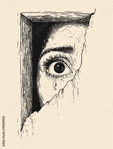 sketch illustration of a frightened woman hiding behind a wall, peering through a broken corner, her face showing fear and tears, monochrome black