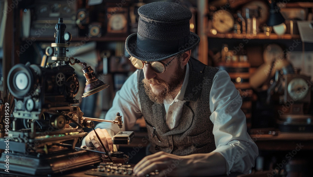 A steampunk detective using advanced mechanical gadgets to solve a mystery