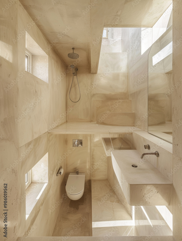 Ultra compact bathroom featuring distinct wet and dry zones, showcasing minimalist design with natural stone textures and ample natural light. space is both functional and aesthetically pleasing Ultra compact bathroom featuring distinct wet and dry zones, showcasing minimalist design with natural stone textures and ample natural light. space is both functional and aesthetically pleasing