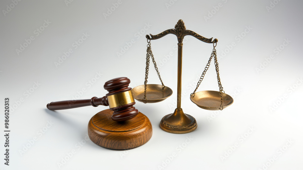 Gavel and Scales: A gavel lying next to the scales of justice, symbolizing judgment Gavel and Scales: A gavel lying next to the scales of justice, symbolizing judgment