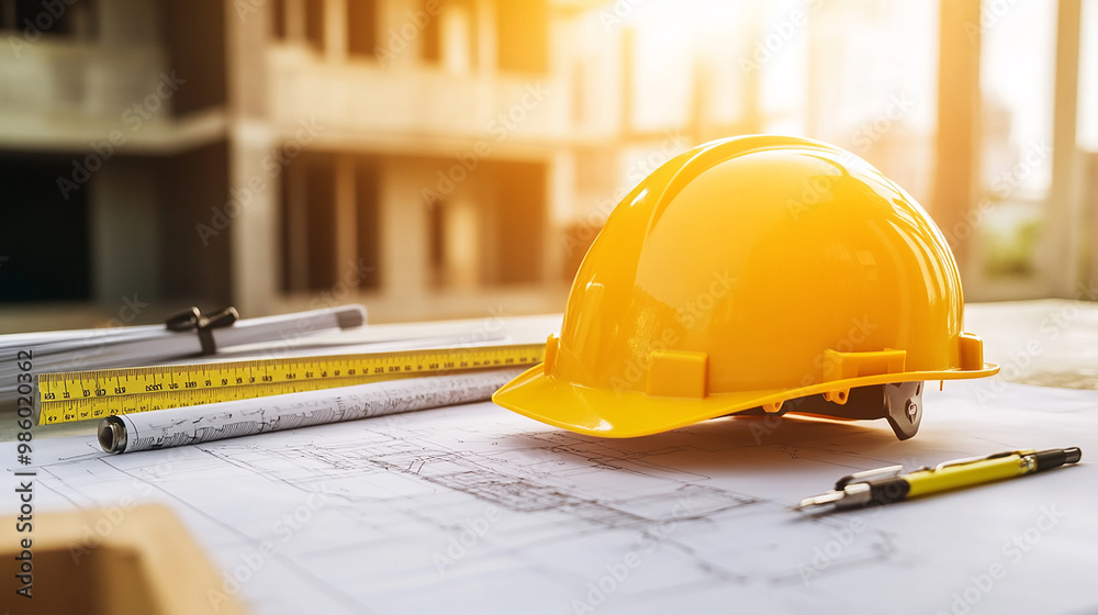 Yellow hard safety helmet hat and the blueprint, pen, ruler, protractor, and tape measure on the table at the construction site Yellow hard safety helmet hat and the blueprint, pen, ruler, protractor, and tape measure on the table at the construction site