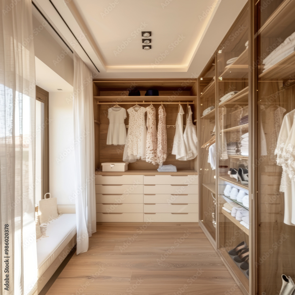 A modern white interior featuring spacious open closet with elegant clothing and organized shelves. design exudes sense of tranquility and sophistication, perfect for stylish wardrobe A modern white interior featuring spacious open closet with elegant clothing and organized shelves. design exudes sense of tranquility and sophistication, perfect for stylish wardrobe