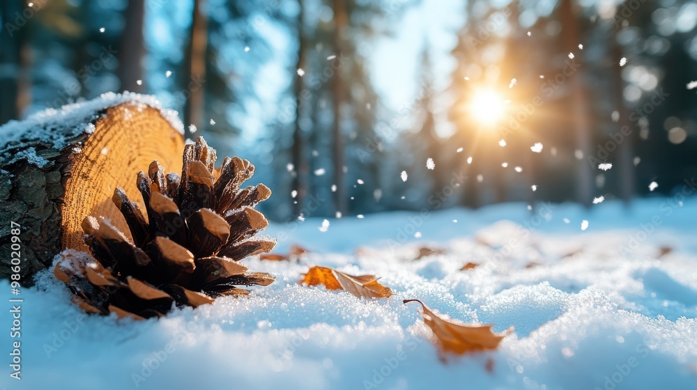 Φωτογραφία A pine cone beautifully positioned in the snow near a tree stump with scattered autumn leaves, capturing the transition from autumn to winter during a serene sunset in a forest