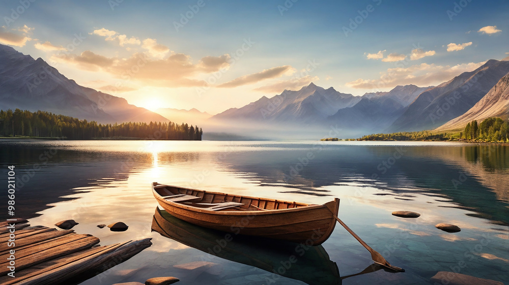 Fototapeta A rustic rowboat drifts on a calm lake, oars still, as the sun sets behind towering mountains