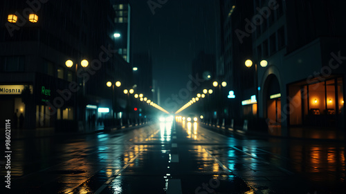 A nighttime cityscape with heavy rain falling, streetlights reflecting off the wet pavement. The scene captures a moody and cinematic vibe with glowing lights, mist, and the soft blur of rain, creatin