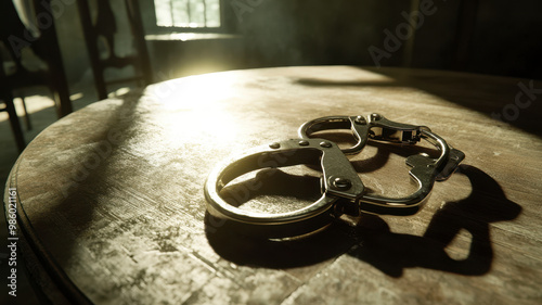 A pair of handcuffs lying on a courtroom table