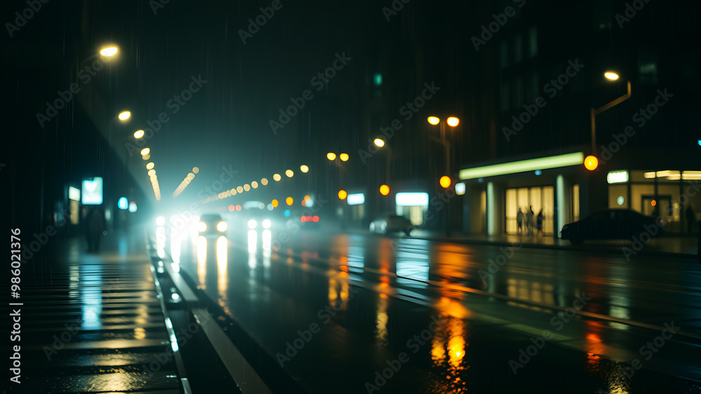 Obraz premium A nighttime cityscape with heavy rain falling, streetlights reflecting off the wet pavement. The scene captures a moody and cinematic vibe with glowing lights, mist, and the soft blur of rain, creatin