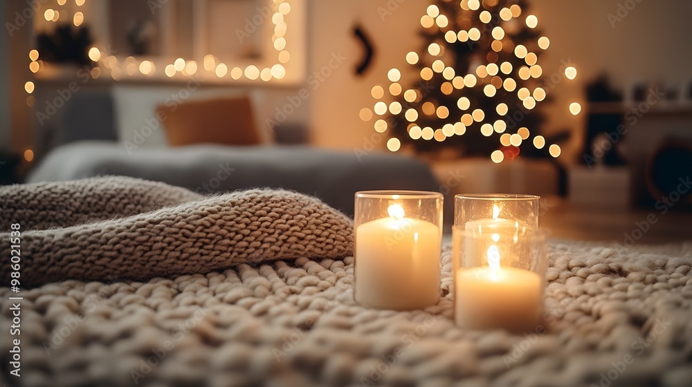 Fototapeta premium Cozy Winter Interior with Lit Candles and Christmas Tree Lights – Warm Holiday Home Decor, Hygge Lifestyle, Relaxing Atmosphere Background, Festive Seasonal Mood, Soft Textures