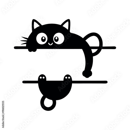 a black and white illustration of a cat hanging upside down on a horizontal bar. The cat has a round face with big, round eyes and a small nose vector silhouette