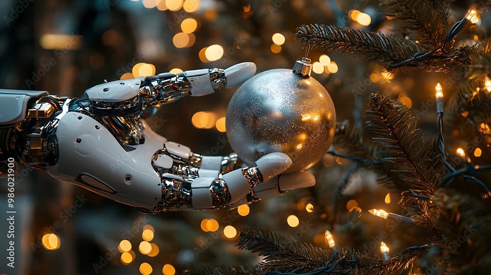 A robotic hand holding a silver Christmas ornament on a Christmas tree. A robotic hand holding a silver Christmas ornament on a Christmas tree.