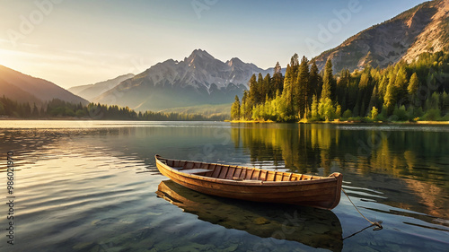 A rustic rowboat drifts on a calm lake, oars still, as the sun sets behind towering mountains photo