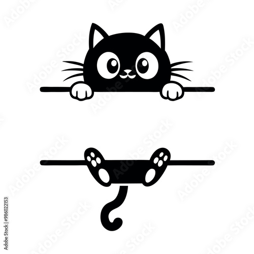 a black and white illustration of a cat hanging upside down on a horizontal bar. The cat has a round face with big, round eyes and a small nose vector silhouette